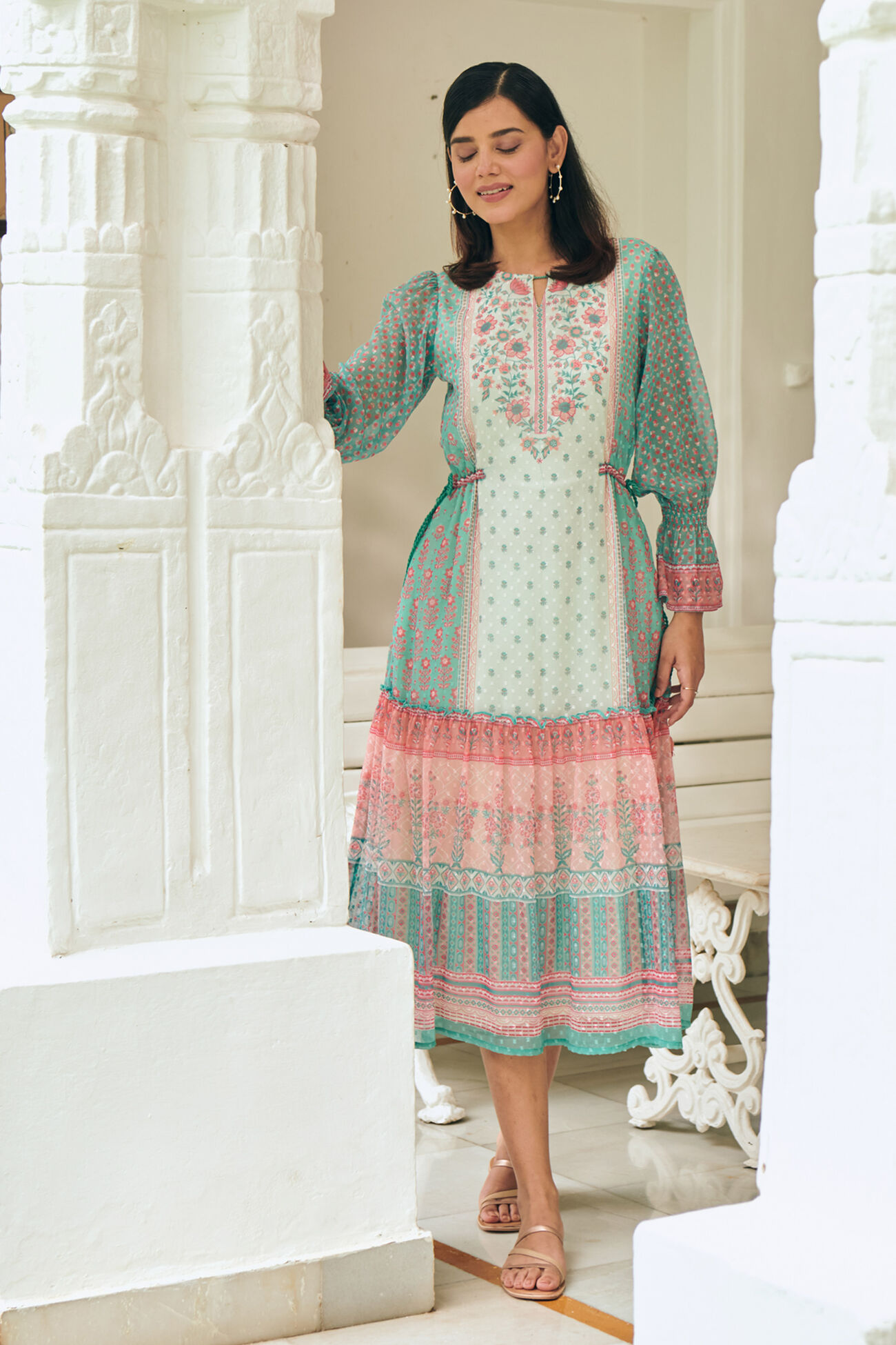 Sage Green Floral Flared Dress, Sage Green, image 1